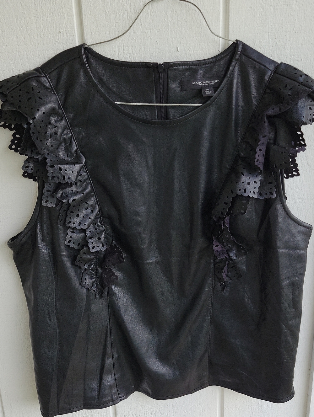 Marc New York Black Faux Leather Ruffle-Trim Sleeveless Top